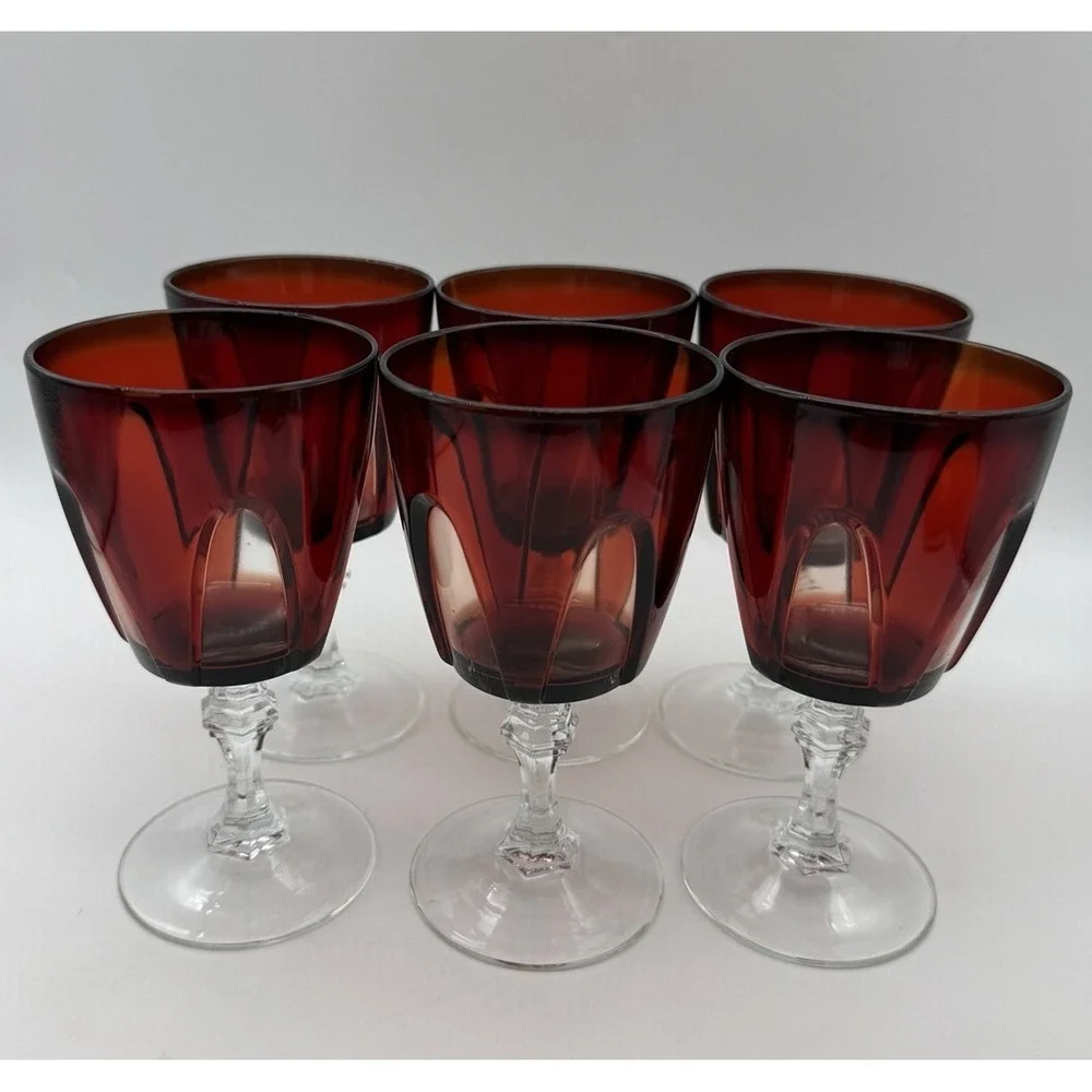 Set of 6 Cristal D'Arques Durand Gothic Wine Glasses Ruby Red Cut To Clear 1970s